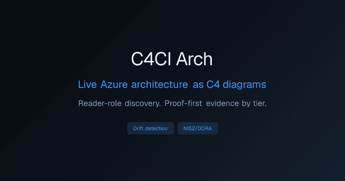 C4CI Arch - Azure architecture as C4 diagrams with Reader-role discovery and proof-first evidence.